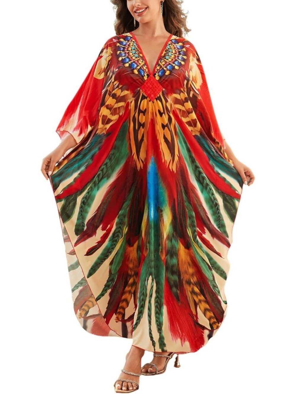 Women's Plus Size Kaftan Maxi Dress Batwing Sleeve Beach Cover Up-8759-color20